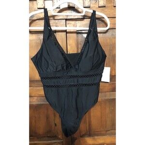 Meet Curve Swimsuit Sz 2XL Black Lattice V Neck Removable Pads NWT